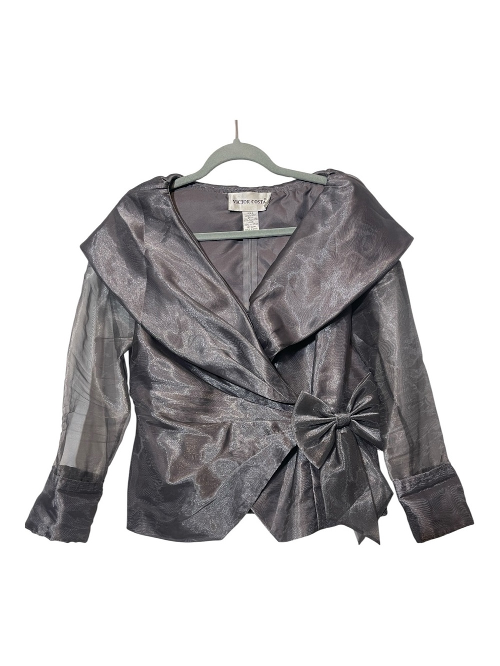 Victor Costa Charcoal Gray Organza Wrap Blazer with Bow